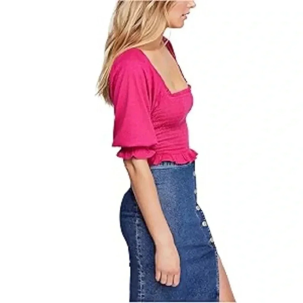 Free People Brenyce smocked  Boho top blouse ruffled sleeves jungle flower SZ M - Picture 13 of 14